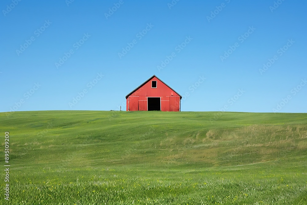 A solitary barn overlooks a wide green field under a clear blue sky A solitary barn overlooks a wide green field under a clear blue sky