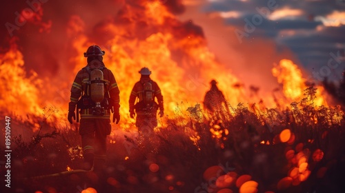 Firefighters Battling Wildfire in Field at Dusk © jul_photolover
