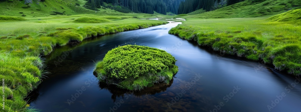 A river flows through a lush green forest, surrounded by grass-covered hillside and more forest A river flows through a lush green forest, surrounded by grass-covered hillside and more forest