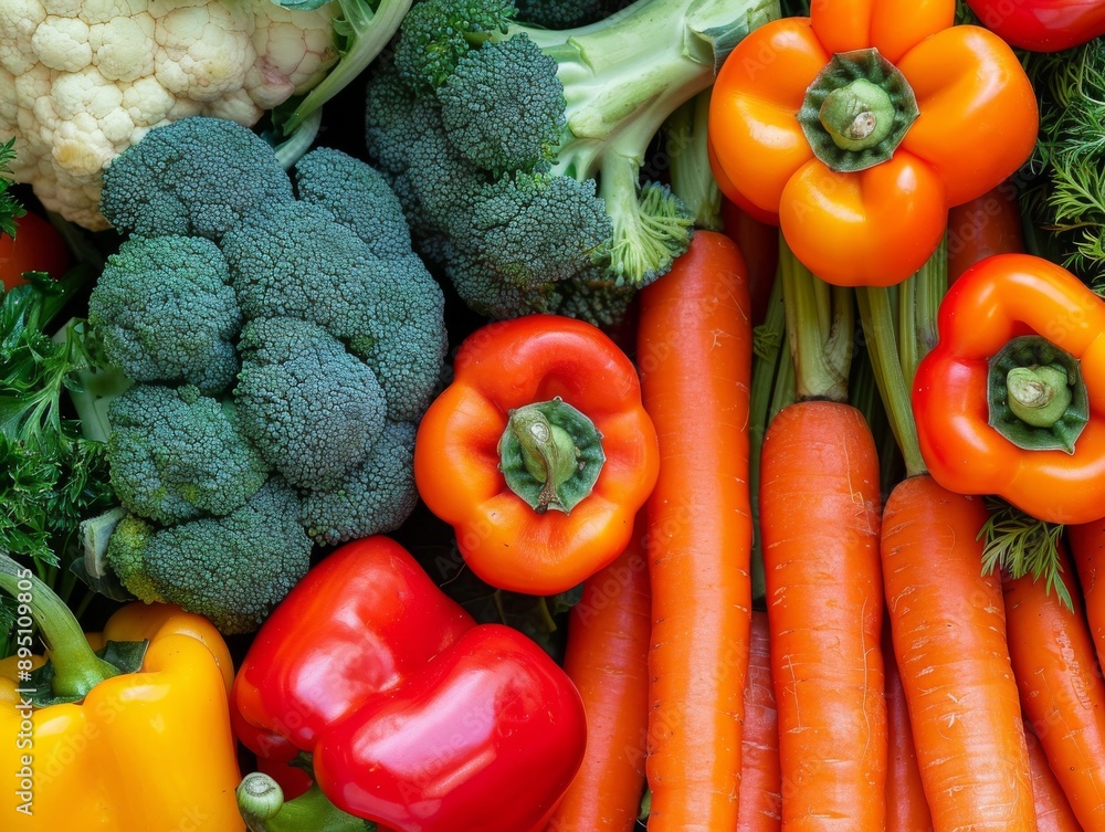 A background of assorted vegetables, including carrots, broccoli, and bell peppers, highlighting their natural textures and colors A background of assorted vegetables, including carrots, broccoli, and bell peppers, highlighting their natural textures and colors