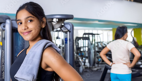 Young Woman With Towel Around Her Neck Standing In Modern Gym