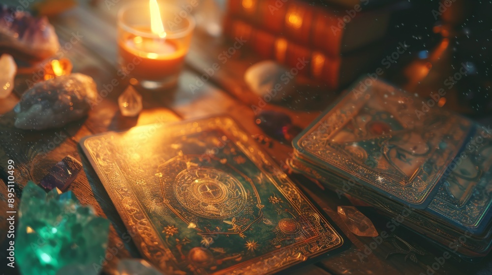 Mystical Oracle Cards and Candle on Wooden Table, Spiritual Items for Divination and Meditation Mystical Oracle Cards and Candle on Wooden Table, Spiritual Items for Divination and Meditation