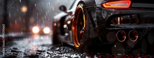  A tight shot of sports car's taillights gleaming on a slick, rain-soaked road Raindrops cascade down the lens