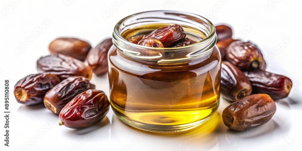 Date Oil in a Glass Jar Surrounded by Dates, white background, natural, healthy, sweet , date oil, dates Date Oil in a Glass Jar Surrounded by Dates, white background, natural, healthy, sweet , date oil, dates