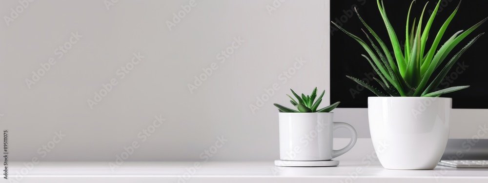 Two white mugs atop a white desk, one next to a computer monitor Two white mugs atop a white desk, one next to a computer monitor