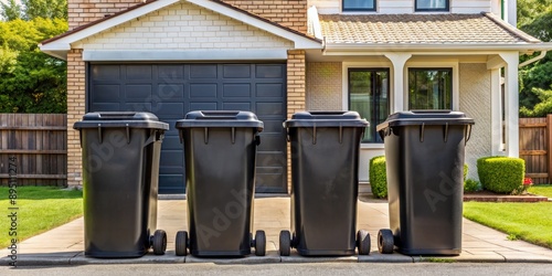 Four Black Recycling Bins Lined Up in Front of Suburban Home, recycle bin , garbage , trash , curbside photo