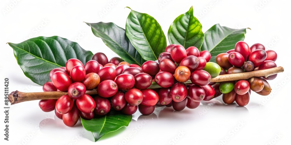 Fresh Red Coffee Beans with Green Leaves on White Background, coffee, bean, red, green Fresh Red Coffee Beans with Green Leaves on White Background, coffee, bean, red, green