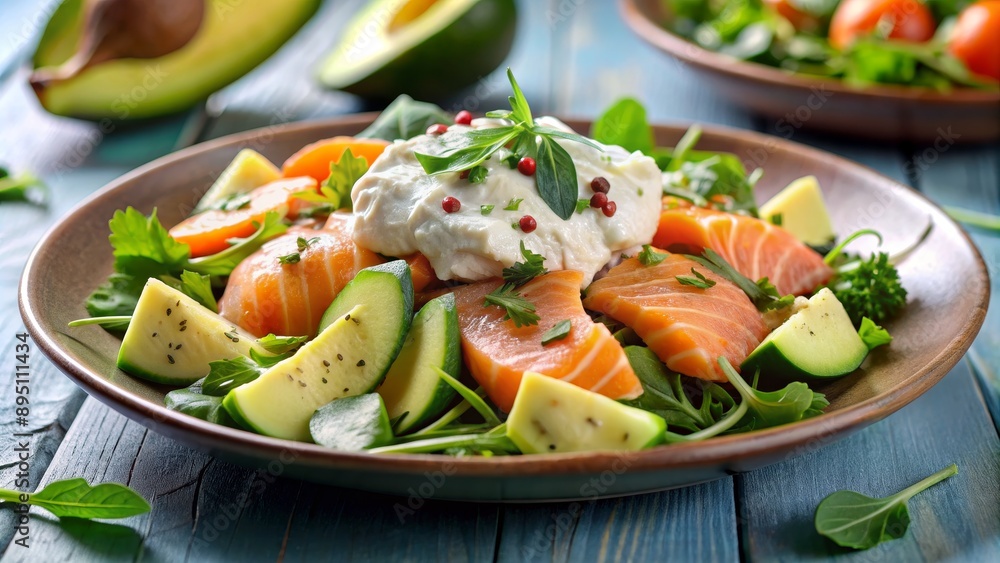 Fresh Salmon Salad with Creamy Dressing, Avocado and Greens, Closeup Photography, Food Photography, Salad Recipe, Salmon, Avocado Fresh Salmon Salad with Creamy Dressing, Avocado and Greens, Closeup Photography, Food Photography, Salad Recipe, Salmon, Avocado