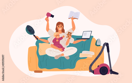 Modern mother with child. Multitasking woman. Girl does several things at same time. Busy parent. Domestic tasks and newborn baby care. Lots of hands with objects. Garish vector concept