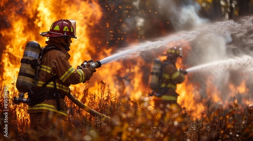 Firefighter Battles Wildfire With Hose © jul_photolover