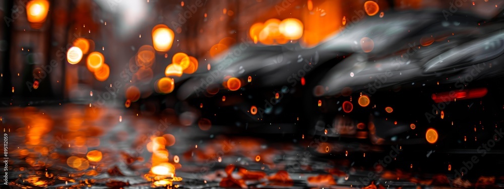 City street at night - cars lined up in rain; rain-soaked road, parked vehicles City street at night - cars lined up in rain; rain-soaked road, parked vehicles