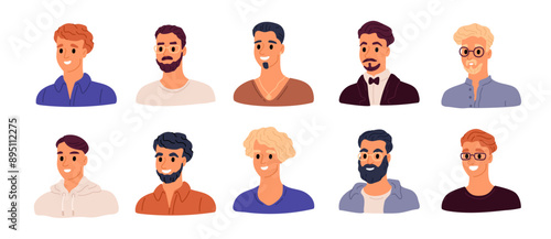 Male portraits. People avatars. Cartoon guys and men characters. Different mustaches or beards. Smiling persons. Attractive joyful faces. Stylish hairstyles and glasses. Garish vector set