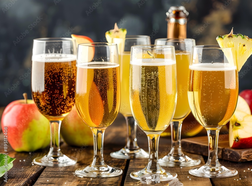 Sparkling Apple Cider In Glasses With Apple Slices Sparkling Apple Cider In Glasses With Apple Slices