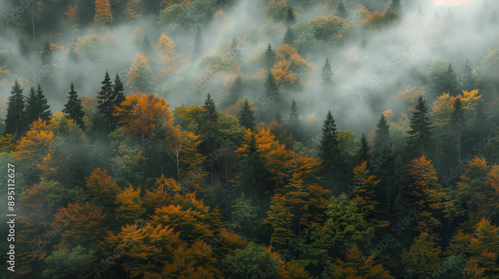 morning, mist filled in front of dense forests with autumn trees.foggy clouds, warm landscape, wallpaper, backgrounds morning, mist filled in front of dense forests with autumn trees.foggy clouds, warm landscape, wallpaper, backgrounds