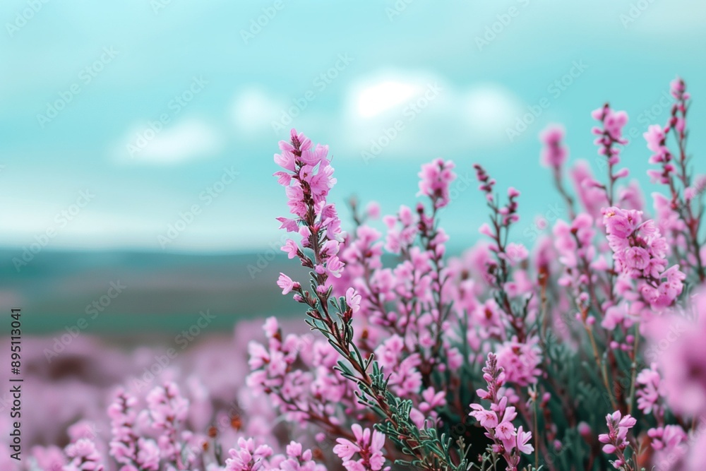 Fototapeta premium Blooming heather. Heathland. Background for physine with flowers. Floral backdrop. Pink flower. Meadow with heather. Moorland