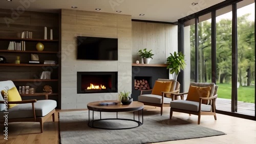 Wallpaper Mural House interior of sunny living room with two chairs, tv and fireplace. House interior and furniture concept. Torontodigital.ca