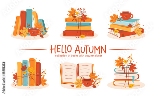 Books, cup coffee or tea with autumn leaves. Set of reading elements for  bookshop, library, bookstore or education. Vector illustration on white background
