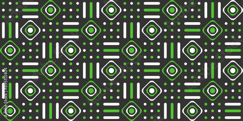 Diamonds, lines, circles, dots. A pattern of geometric shapes repeated diagonally. Bright green acidic elements.