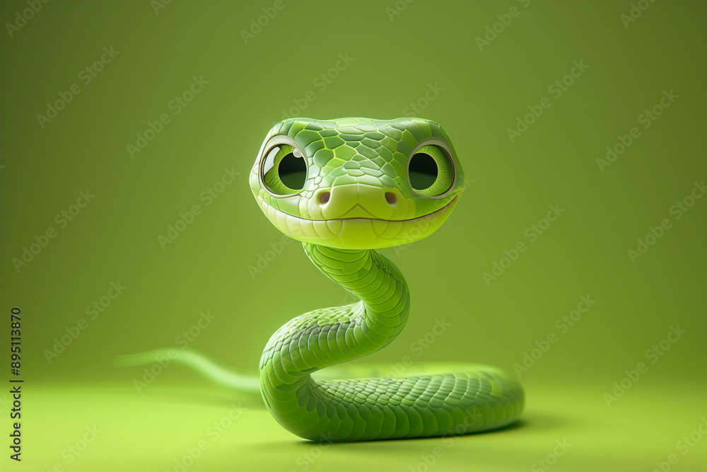3D rendering of a cartoon cute green snake baby with big eyes , solid green color background. symbol of the year 2025 3D rendering of a cartoon cute green snake baby with big eyes , solid green color background. symbol of the year 2025