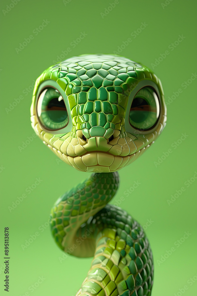 3D rendering of a cartoon cute green snake baby with big eyes , solid green color background. symbol of the year 2025 3D rendering of a cartoon cute green snake baby with big eyes , solid green color background. symbol of the year 2025