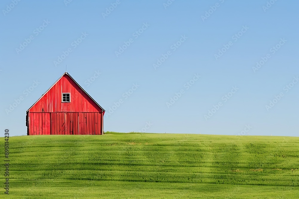 Obraz premium A solitary barn overlooks a wide green field under a clear blue sky
