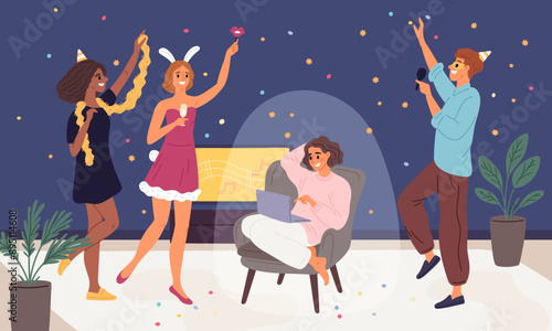 Friends party. Extroverts and introvert. Introverted girl with laptop. Holiday celebration. Insularity from people. Communication and fun. Inward mind orientation. Garish vector concept