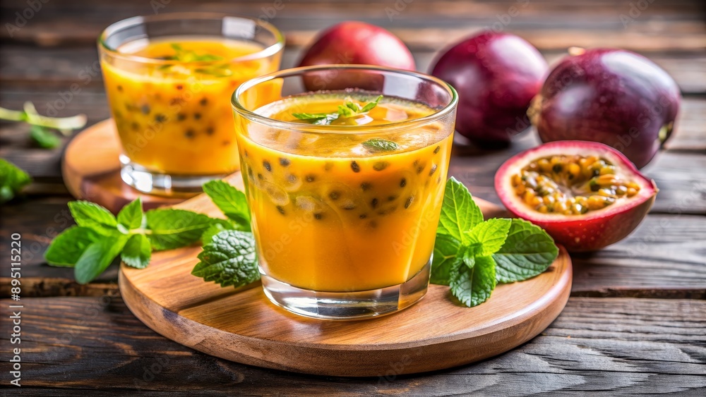 Refreshing Passion Fruit Smoothie with Mint Garnish on Rustic Wooden Table, passion fruit, smoothie, summer drink, tropical drink Refreshing Passion Fruit Smoothie with Mint Garnish on Rustic Wooden Table, passion fruit, smoothie, summer drink, tropical drink