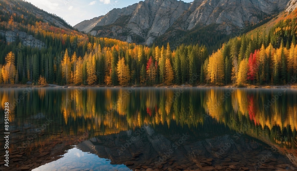 Calm lake with autumn tree reflections and mountain view.