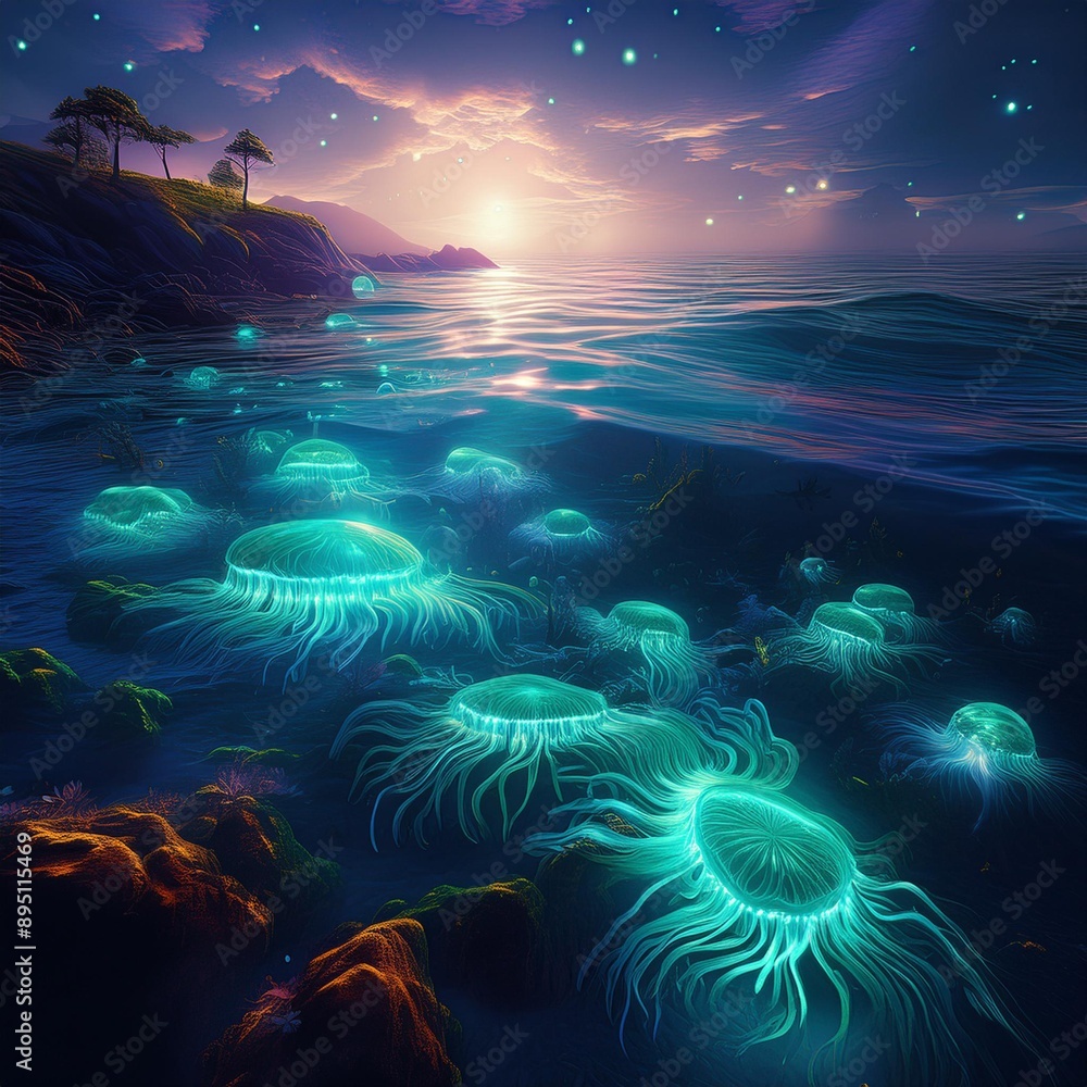 Enchanting colorful bioluminescent waves Enchanting colorful bioluminescent waves