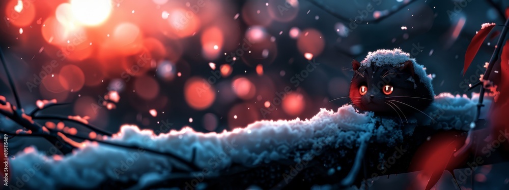 A black cat atop a snow-laden tree branch in a forest, backdrop aglow with brilliant lights A black cat atop a snow-laden tree branch in a forest, backdrop aglow with brilliant lights