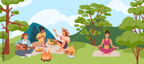 Friends on picnic. Introvert and extravert. People communicate in nature. Girl does yoga alone. Inward and outward mind orientation. Psychological temperament. Garish vector concept