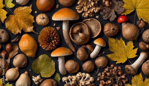 Autumn mushrooms, nuts, and leaves creatively arranged.