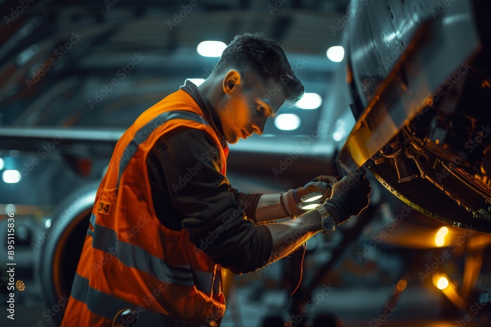 Aircraft technician in safety vest inspects and repairs airplane engine under warm light. Industrial setting. Night shift work. Purpose: professional maintenance. Generative AI Aircraft technician in safety vest inspects and repairs airplane engine under warm light. Industrial setting. Night shift work. Purpose: professional maintenance. Generative AI