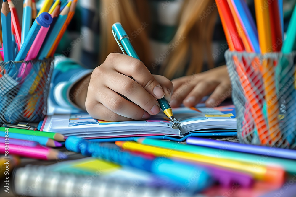 Student writing in a notebook with school supplies Student writing in a notebook with school supplies