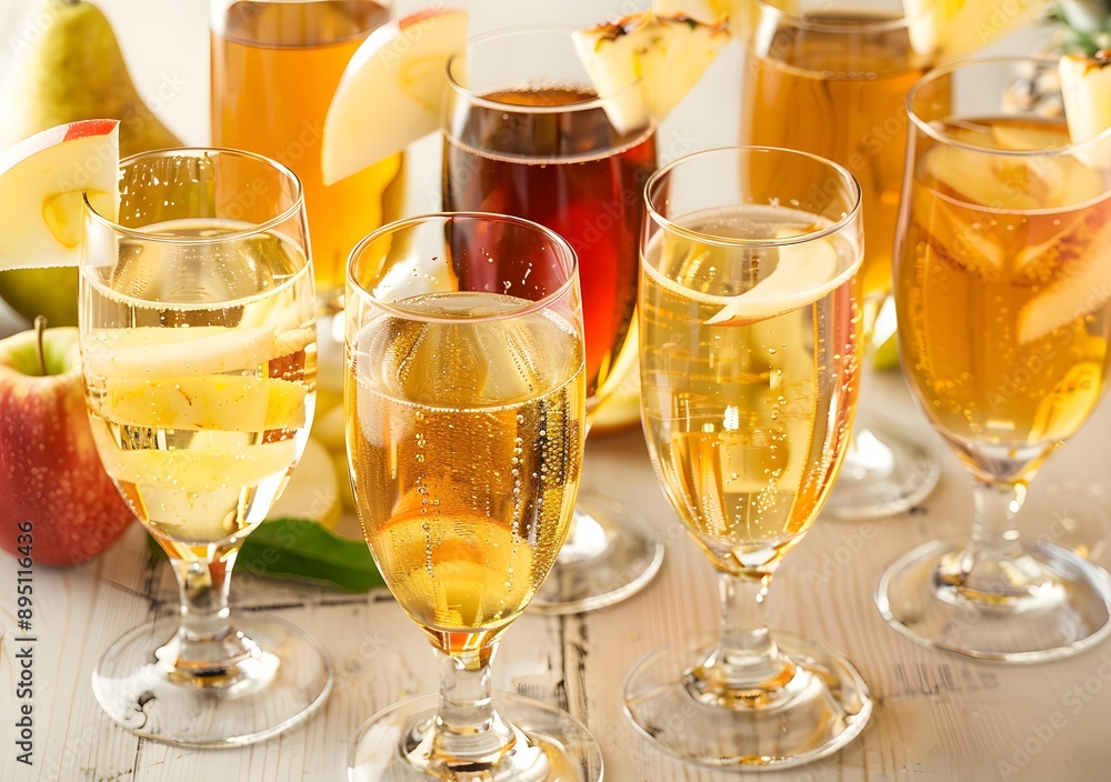 Sparkling Apple Cider in Glasses with Fruit Slices Sparkling Apple Cider in Glasses with Fruit Slices