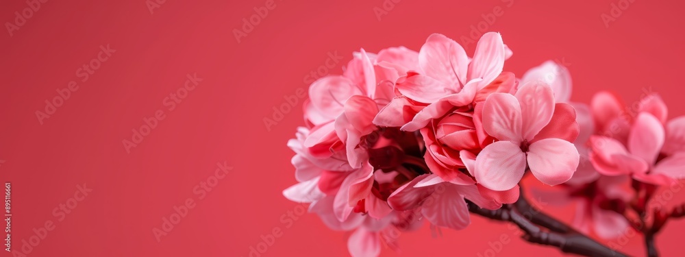 A pink flower on stem against a pink backdrop Text space available on the left against pink background, with A pink flower on stem against a pink backdrop Text space available on the left against pink background, with