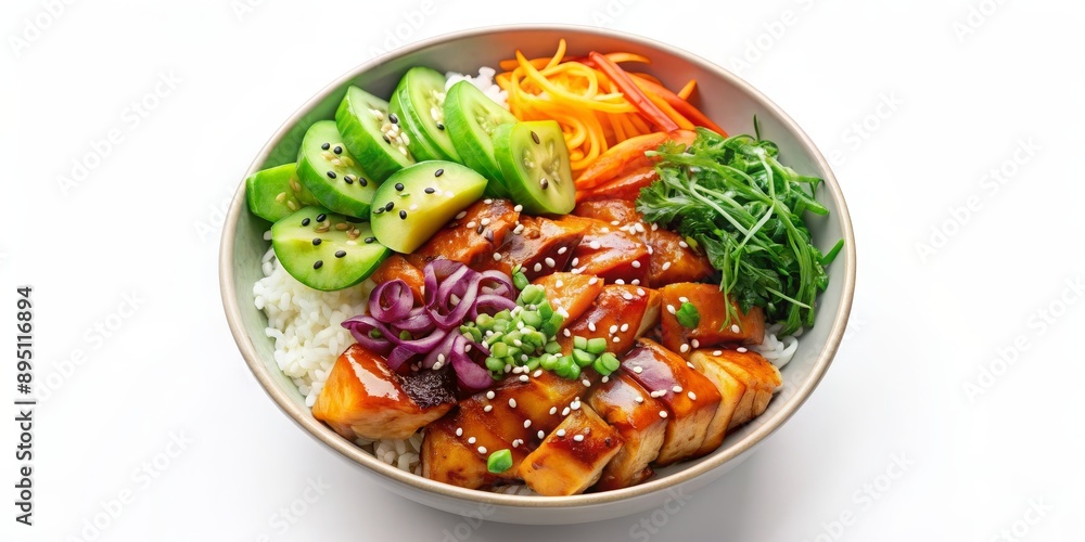 Teriyaki Chicken and Rice Bowl with Cucumber, Carrot, and Green Onions, teriyaki, chicken bowl, asian cuisine, healthy food Teriyaki Chicken and Rice Bowl with Cucumber, Carrot, and Green Onions, teriyaki, chicken bowl, asian cuisine, healthy food