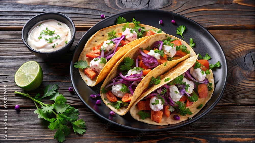 Three Vegetarian Tacos with Red Onion and Creamy Sauce on Black Plate, Mexican Food, Vegetarian Tacos, Healthy Tacos, Vegan Tacos Three Vegetarian Tacos with Red Onion and Creamy Sauce on Black Plate, Mexican Food, Vegetarian Tacos, Healthy Tacos, Vegan Tacos