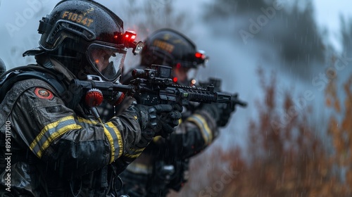 Firefighter Training With Rifles in a Smoke-Filled Forest