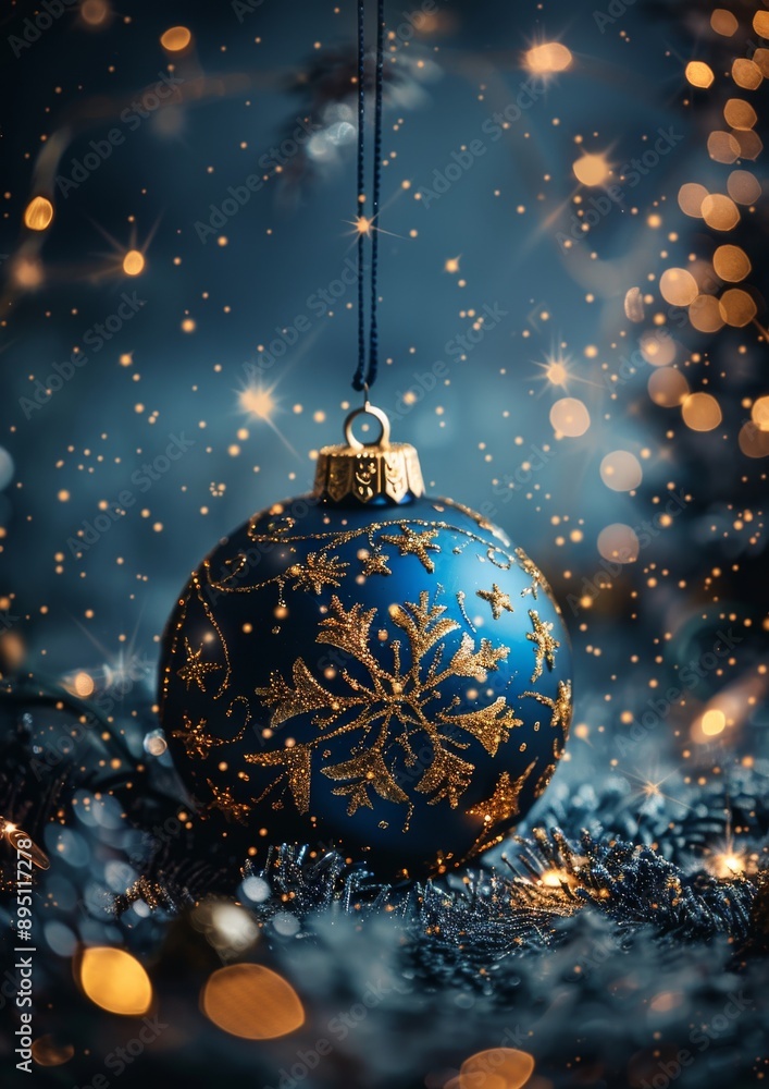 Blue Christmas ornament with gold decoration hanging on tree with festive lights Blue Christmas ornament with gold decoration hanging on tree with festive lights