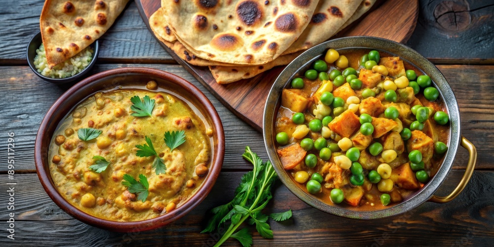 Top View of Creamy Chickpea and Vegetable Curry with Naan Bread, Indian Food, Curry, Chickpeas, Vegetarian Top View of Creamy Chickpea and Vegetable Curry with Naan Bread, Indian Food, Curry, Chickpeas, Vegetarian