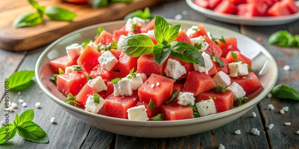 Watermelon and Feta Salad with Basil Closeup of a Refreshing Summer Dish, watermelon salad, feta cheese, basil, summer salad, watermelon feta salad Watermelon and Feta Salad with Basil Closeup of a Refreshing Summer Dish, watermelon salad, feta cheese, basil, summer salad, watermelon feta salad