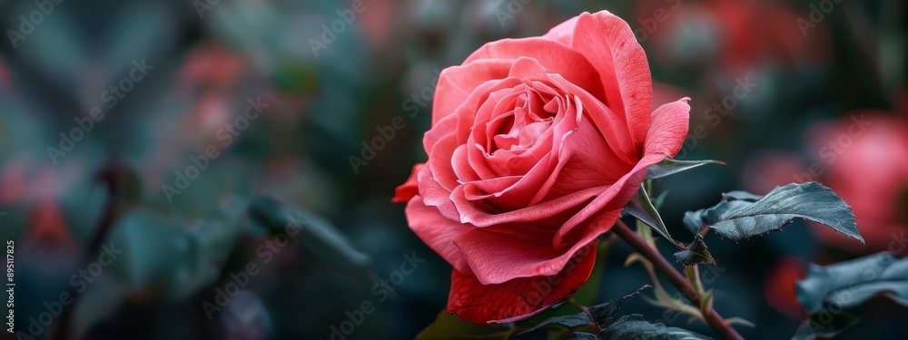 A tight shot of a pink rose with nearby green leaves, a red rose visibly behind A tight shot of a pink rose with nearby green leaves, a red rose visibly behind