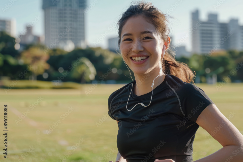 Smiling Asian woman jogging in park with city buildings in background,. Female athlete enjoying morning run with earphones. Smiling Asian woman jogging in park with city buildings in background,. Female athlete enjoying morning run with earphones.