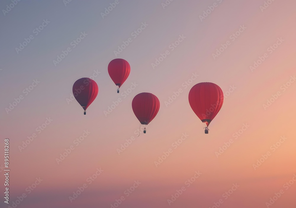 Obraz premium Four Red Hot Air Balloons In The Sky During Sunset
