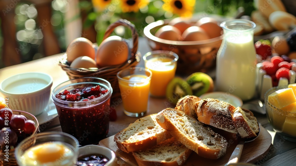 Delicious Breakfast Spread with Fresh Ingredients - A mouthwatering breakfast spread featuring bread, cheese, fresh fruits, jam, and dairy products, perfect for a healthy start to the day. Delicious Breakfast Spread with Fresh Ingredients - A mouthwatering breakfast spread featuring bread, cheese, fresh fruits, jam, and dairy products, perfect for a healthy start to the day.