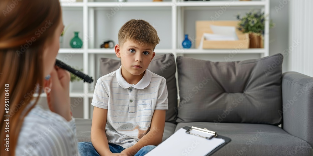 Obraz premium School counselor, psychologist or teacher having conversation with little child boy, holding clipboard, asking questions of personality development test and taking notes. Psychology, education concept