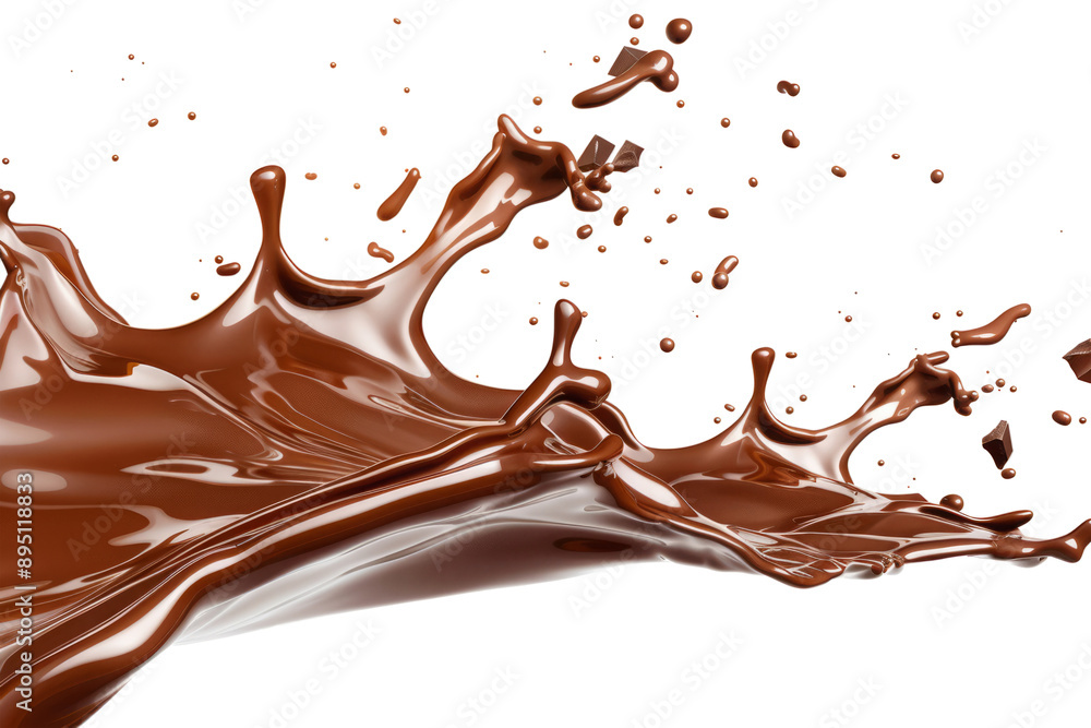 Chocolate splash with droplets flying isolated on transparent background. Liquid melted chocolate or cocoa drip down with pour stream and create a crowns and waves Chocolate splash with droplets flying isolated on transparent background. Liquid melted chocolate or cocoa drip down with pour stream and create a crowns and waves