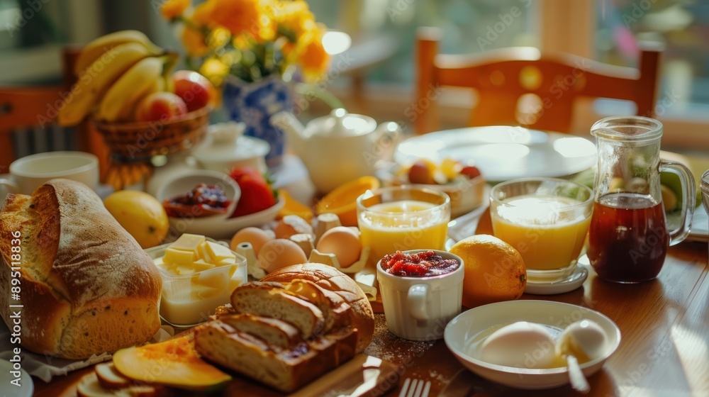 Delicious Breakfast Spread with Fresh Ingredients - A mouthwatering breakfast spread featuring bread, cheese, fresh fruits, jam, and dairy products, perfect for a healthy start to the day. Delicious Breakfast Spread with Fresh Ingredients - A mouthwatering breakfast spread featuring bread, cheese, fresh fruits, jam, and dairy products, perfect for a healthy start to the day.