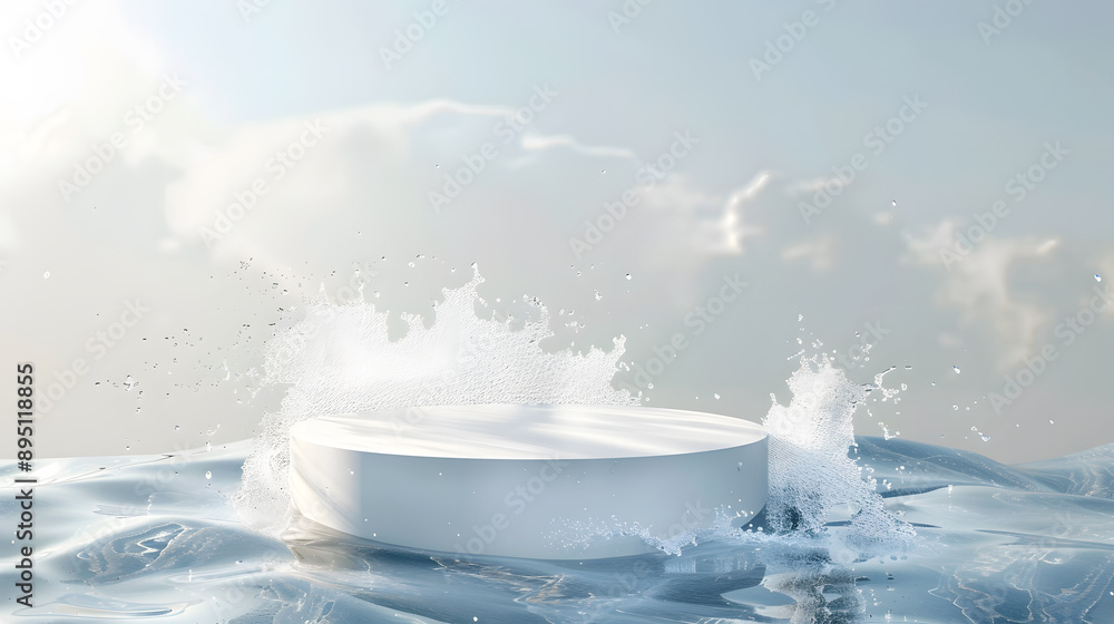 Empty white round podium on transparent calm water texture with splashes and waves in sunlight. Empty white round podium on transparent calm water texture with splashes and waves in sunlight.